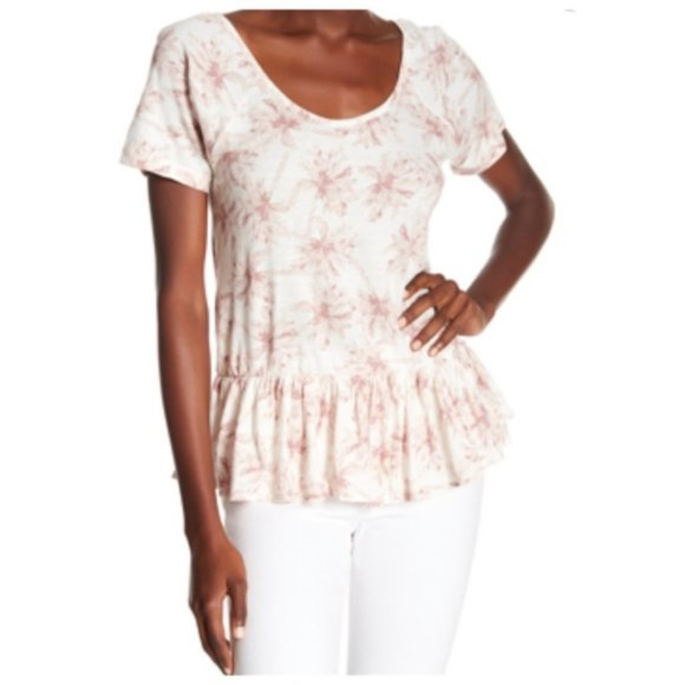 Lucky Brand XS White Pink Tropical Palm Tree Peplum Cotton‎ Linen Shirt Top Boho
